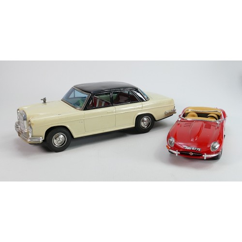 607 - Vintage tin plate models of a Mercedes and Burango model of E type Jaguar (2):