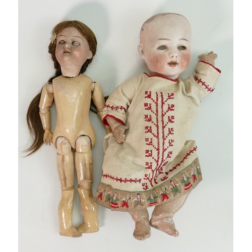 609 - German vintage porcelain doll with moving eyes together with another porcelain head doll: Missing ha... 