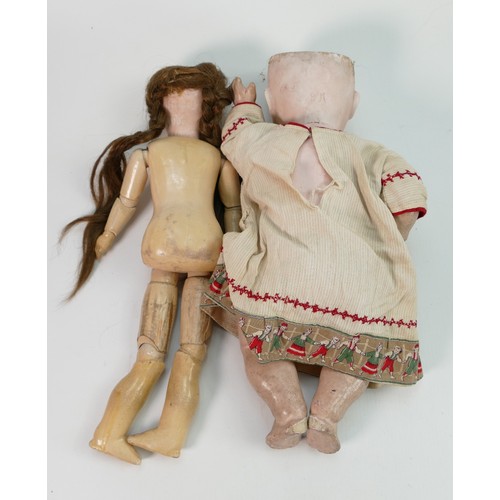 609 - German vintage porcelain doll with moving eyes together with another porcelain head doll: Missing ha... 