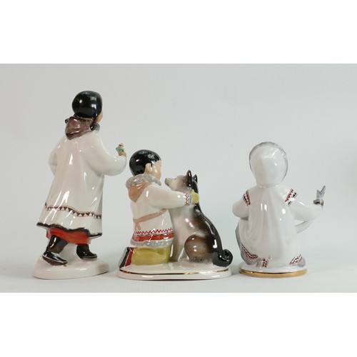 654 - Russian Lomonosov pottery figures of Eskimos: Height of tallest 19cm. (3)