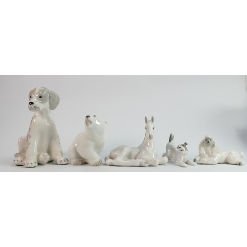655 - Russian Lomonosov pottery figures of dogs, polar bear and horse: Height of tallest 17cm. (5)