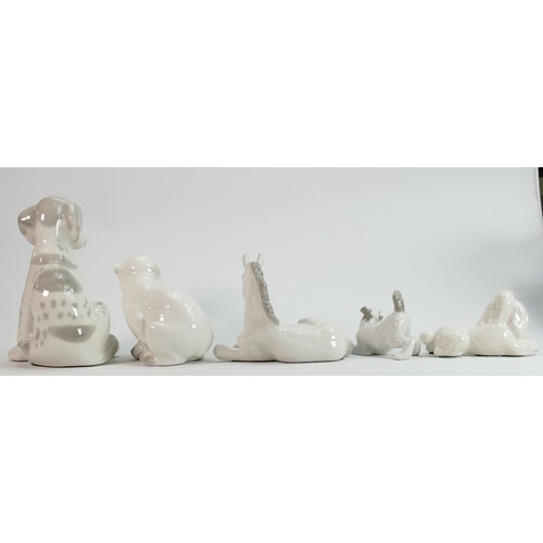 655 - Russian Lomonosov pottery figures of dogs, polar bear and horse: Height of tallest 17cm. (5)