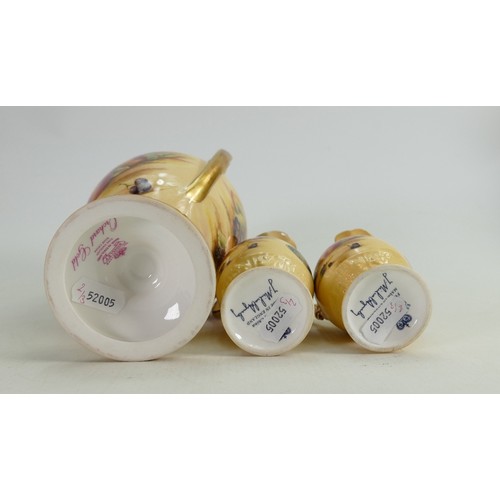 735 - Aynsley Orchard Gold lidded vase: Together with 2 small similar ewers, height of tallest 23cm.