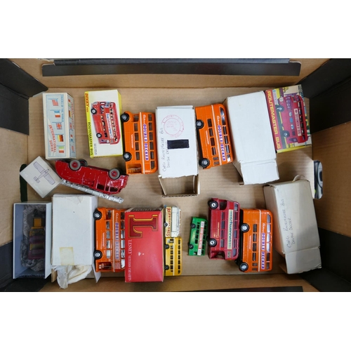 626 - A collection of Dinky and similar advertising buses: Mostly boxed with 955 Fire Engine.