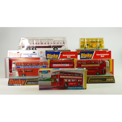 630 - A collection of boxed Dinky buses to include: Vega Major Luxury Coach 954, Atlantean City Bus 291, 2... 