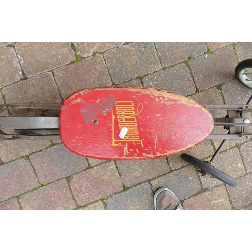 633 - Antique Thunderbolt Childs Pump Irish Scooter Mail Cart Toy: 95cm in length, 2 replacement bolts not... 