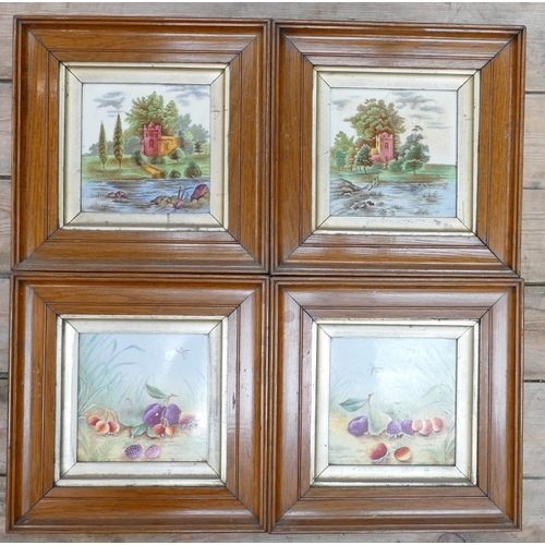 649 - Two pairs of 19th century hand decorated framed tiles: With still life & landscape themes, size of f... 