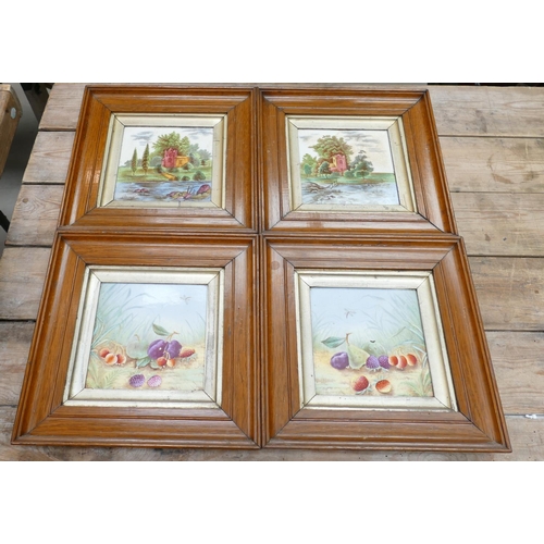 649 - Two pairs of 19th century hand decorated framed tiles: With still life & landscape themes, size of f... 