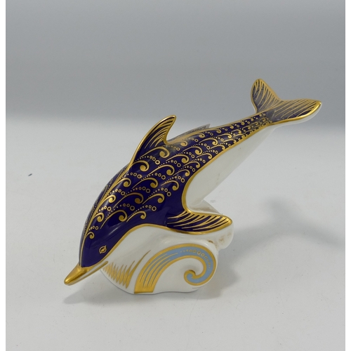 114 - Royal Crown Derby Blue Dolphin Paperweight: gold stopper