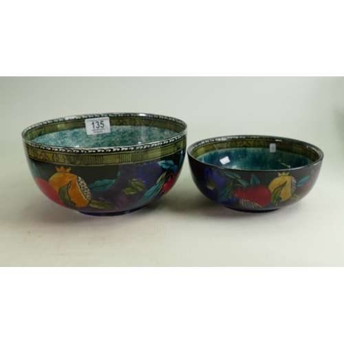 135 - S Hancocks Ruben Ware Pomegranate Patterned Bowls: hand decorated, smaller items with hairline to ri... 