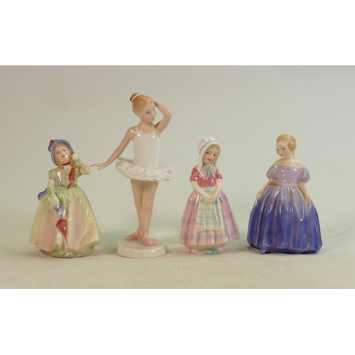 276 - Royal Doulton small lady figures: Little Ballerina HN3395, Marie HN1370, Tootles HN1680 & Babie Hn16... 