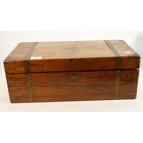 313 - Large Victorian walnut & brass bound writing box: With antique brass & glass inkwells, and having se... 