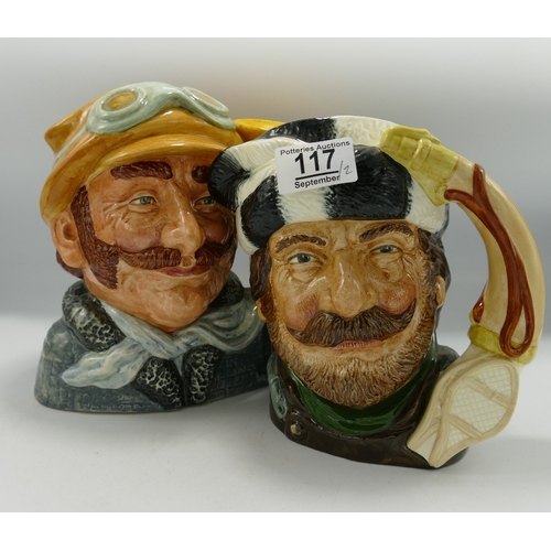 117 - Royal Doulton Large Character Jugs:Veteran Motorist D6633 and Trapper D6609. (2)