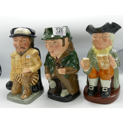 126 - Royal Doulton Large toby Jugs:Sherlock Holmes, Francis Drake and Happy John. (3)