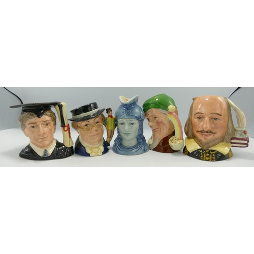 144 - Royal Doulton Small Character Jugs: The Graduate D6916, Shakespeare D6938, Leprechaun D6899, Mr Pick... 