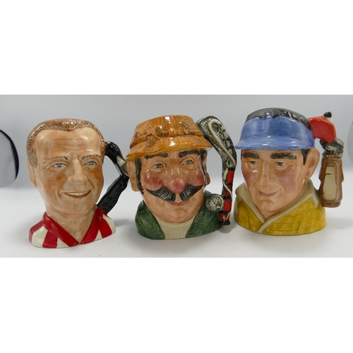 146 - Royal Doulton Intermediate Character Jugs: The Golfer D7064, The Angler D7065 & Woods limited editio... 