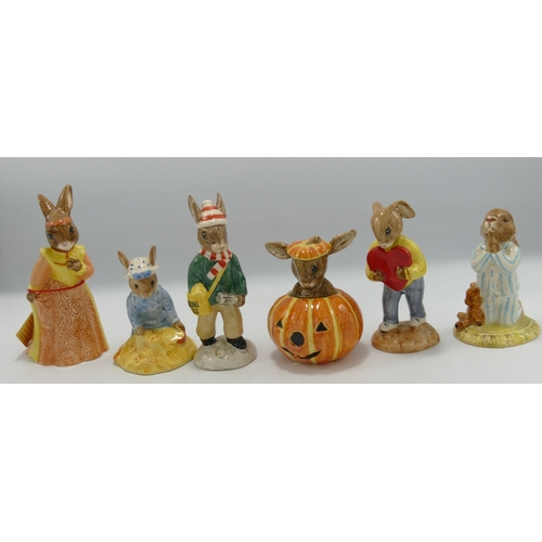151 - Royal Doulton Bunnykins Figures: Seaside, Halloween, Paperboy, Sweatheart, Juliet & Bedtime(6)