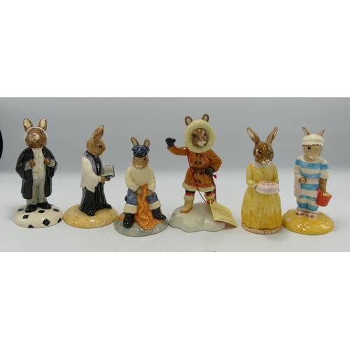 153 - Royal Doulton Bunnykins Figures: Fisherman, Eskimo, 60th Anniversary, Mother, Vicar & Lawyer(6)
