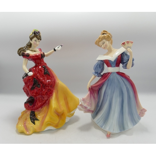 156 - Royal Doulton Figure of the Year Lady Figures: Amy HN3316 (chipped) & Belle HN3703(2)