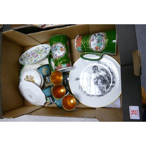 35 - A mixed collection of items to include: Masons Ironstone jugs, Boehm Game Bird series plate, Hunting... 