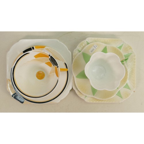 789 - Two Shelley trios:
Dainty floral handled 11993 yellow green shaded trio and a Vogue shaped 11747 Art... 