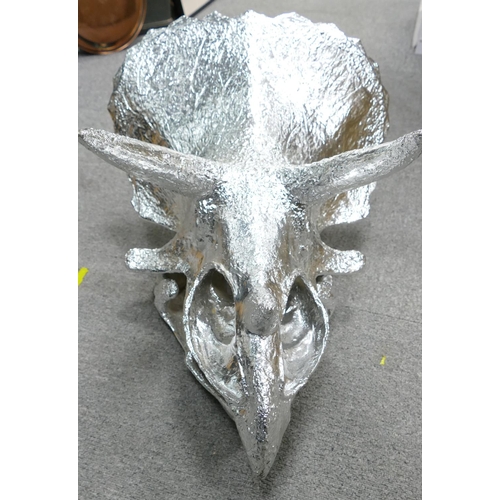 397 - Very Large Decorative Fiberglass torosaurus Skull: finished in mirrored silver, length 60cm