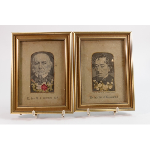 749 - Pair of 19th Century Stevengraphs of Gladstone & The Earl of Beaconsfield: each 21 x 16cm