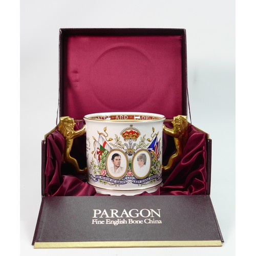 408 - Paragon China large two handled commemorative cup: The Prince of Wales & Lady Diana Spencer, height ... 