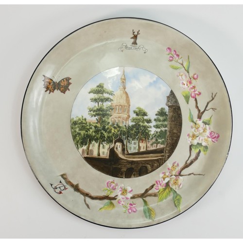 411 - Large Victorian hand decorated charger with landscape scene in floral border: Marked BB to rear, dia... 