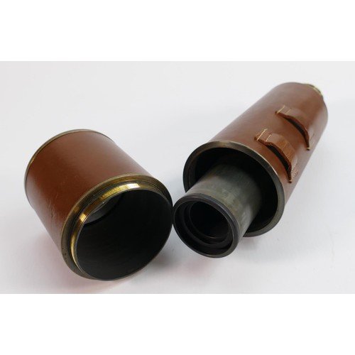 442 - Early 20th century brass and leather clad Broadhurst-Clarkson 4 draw field telescope: Makers name en... 