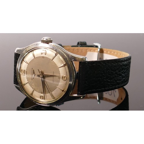 635 - Longines stainless steel 1950s gents wristwatch: Pie pan style dial with leather bracelet.