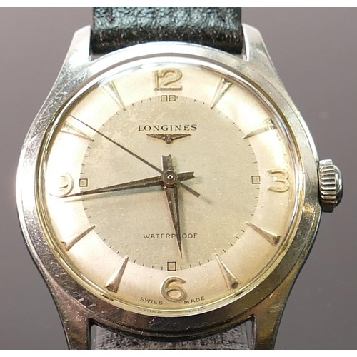 Longines stainless steel 1950s gents wristwatch Pie pan style