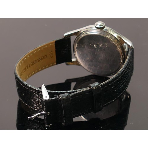 635 - Longines stainless steel 1950s gents wristwatch: Pie pan style dial with leather bracelet.