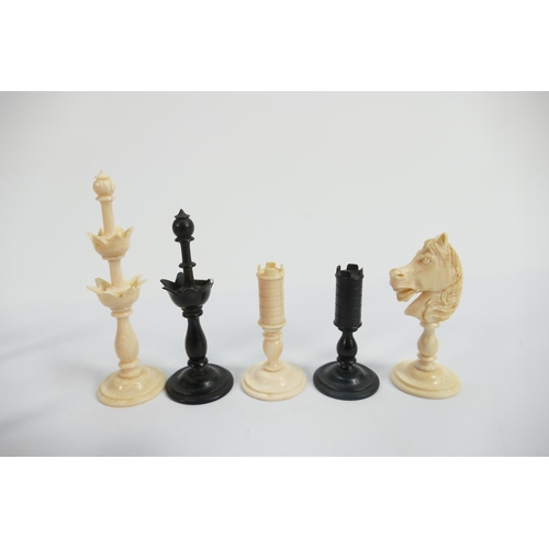 524 - Finely Carved Ivory Part Chess Set: two black knights missing, damaged Black King & Queen, height of... 