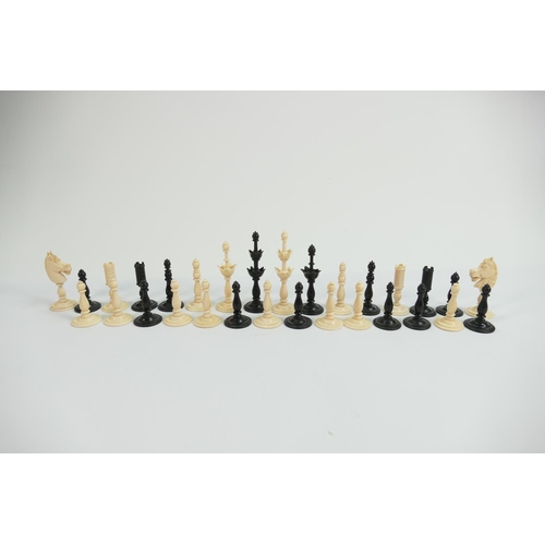 524 - Finely Carved Ivory Part Chess Set: two black knights missing, damaged Black King & Queen, height of... 