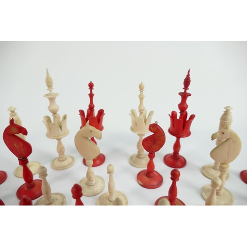 526 - 19th Century Finely Carved & Turned Bone Chess Set: damage noted to red knight & white rook, height ... 