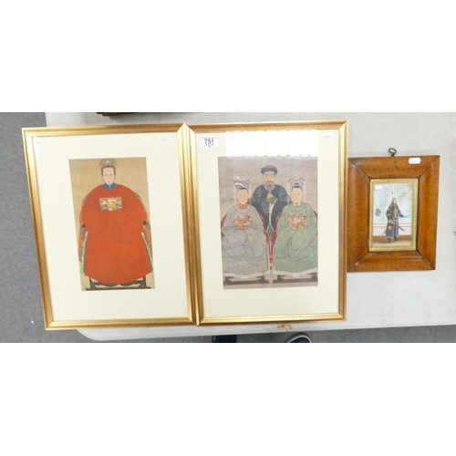 751 - Pair of Chinese prints, and smaller oriental print in maple frame. Pair measuring 46cm x 36cm (3)