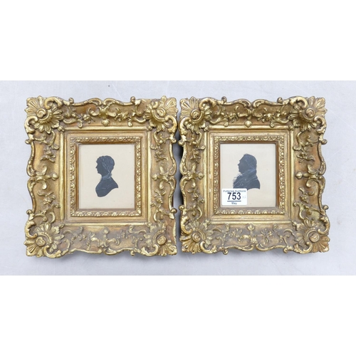 753 - Pair of portrait miniatures in heavily gilt frames: Measuring 22.5cm x 21cm (2)