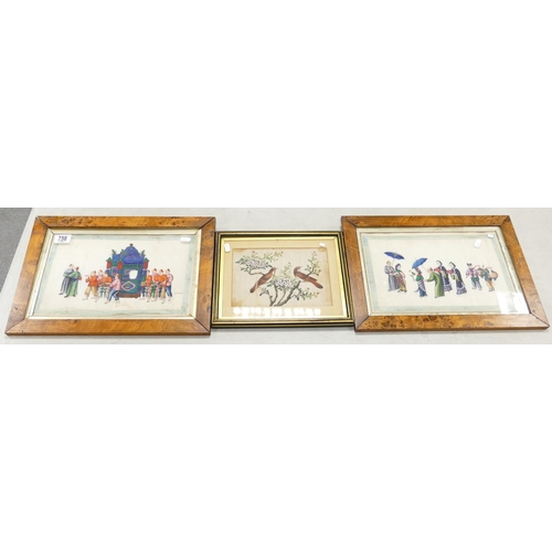 758 - Two Chinese paintings on rice paper and one on silk: Pair measuring 32cm x 45cm overall all showing ... 