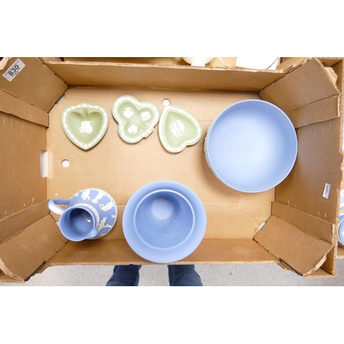 830 - A collection of Wedgwood Blue Jasperware to include: large fruit bowl, flared vase, jug & sage green... 