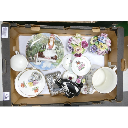 855 - A mixed collection of items to include: Commemorative Loving Cup & Cup saucer sets, Francesca figure... 