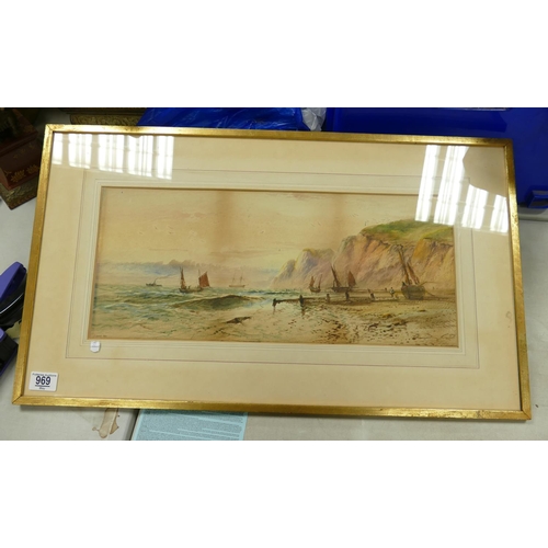 969 - Singed C Lewis 1890 Shore Side Scene: frame size 41.5 x 72cm