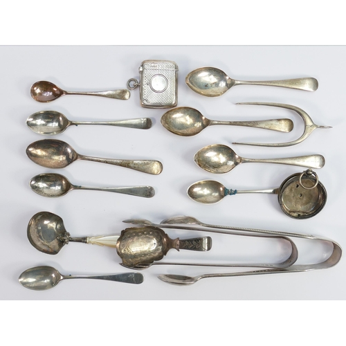 765 - Good collection of silver items; Including Georgian & Victorian caddy spoon, sugar tiongs & nips, ve... 