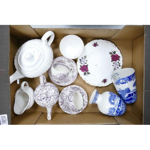 1013 - A mixed collection of items to include: Aynsley Basket Weave Teapot & Milk Jug, Burleigh Prunus patt... 