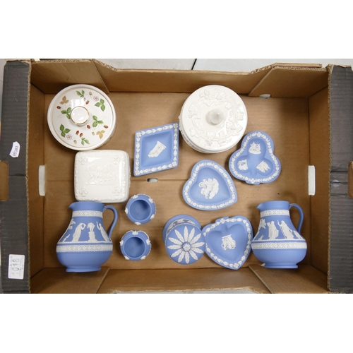 1018 - A collection of Wedgwood Jasperware including Jugs, lidded Boxes, Pin Trays together with Queensware... 