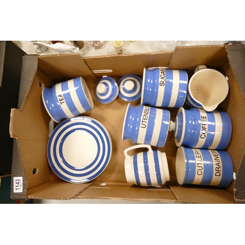 1143 - A collection of Blue & White Striped Cornish Style Kitchen pots including: Utensil, sugar, tea & cof... 