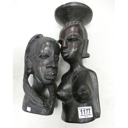 1177 - Two Wooden African carved busts: height of tallest 30.5cm(2)