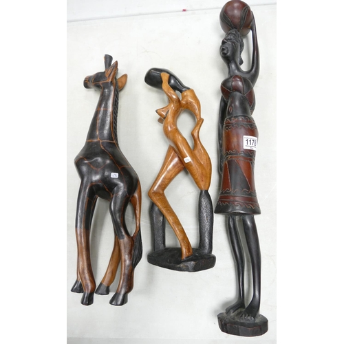 1178 - Four Wooden African Theme Figures:  height of tallest 65cm(3)