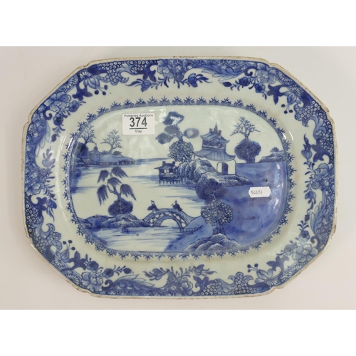 374 - Chinese export ware blue & white oblong platter: Late 18th century / early 19th, measuring 35cm wide... 