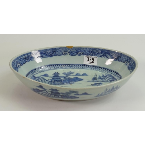 375 - Oval Chinese blue & white bowl: Measuring 30.5cm wide x 7cm high.  Small repair to rim and hairline ... 